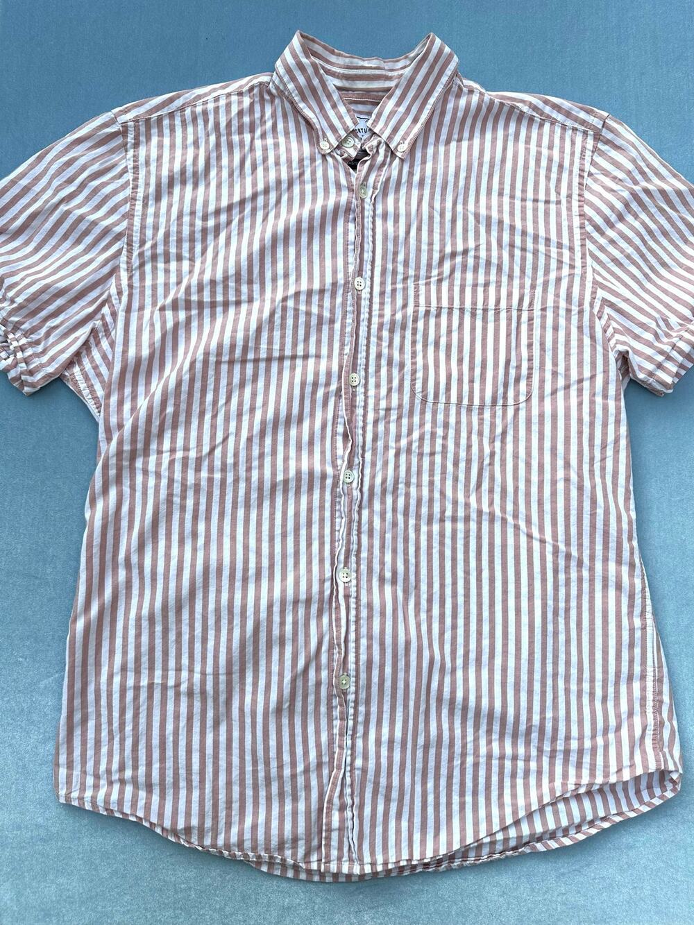 Portuguese Flannel Men's L Pink Vertical Striped Short Sleeve Button Up Shirt